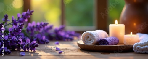 Lavender aromatherapy spa treatment Tranquil summer scene with candles , selfcare, oil, bodycare