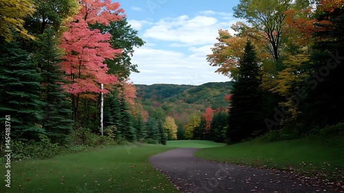 Autumn Golf Course Fairway with Vibrant Fall Foliage.