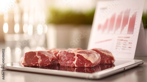 Fresh cuts of meat displayed on a tablet, showcasing culinary trends and analytics.