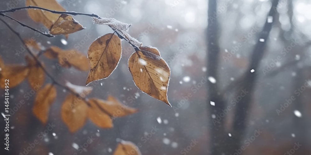 Rain gently falling on autumn leaves and tree branches. Beautiful nature scene with snow falling during the fall season.