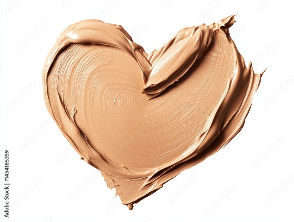 A heart made of makeup is shown on a white background. The heart is made of a creamy, tan color and has a slightly messy appearance. Concept of creativity and playfulness