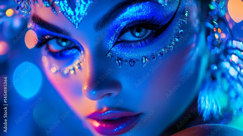 Mysterious and shimmering model with vibrant blue eye shadow, glittery makeup, and intricate headpiece.