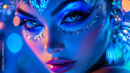Obraz na płótnie Mysterious and shimmering model with vibrant blue eye shadow, glittery makeup, and intricate headpiece. w salonie