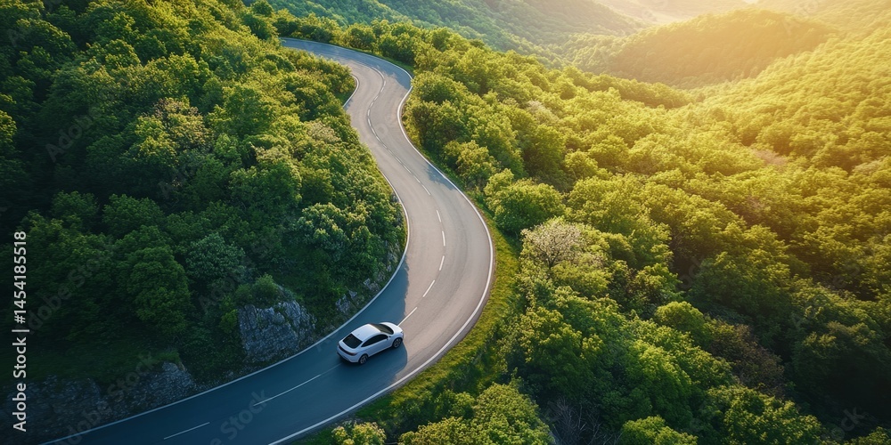 A winding road through a lush green forest during sunset, with a car driving on the asphalt surface.