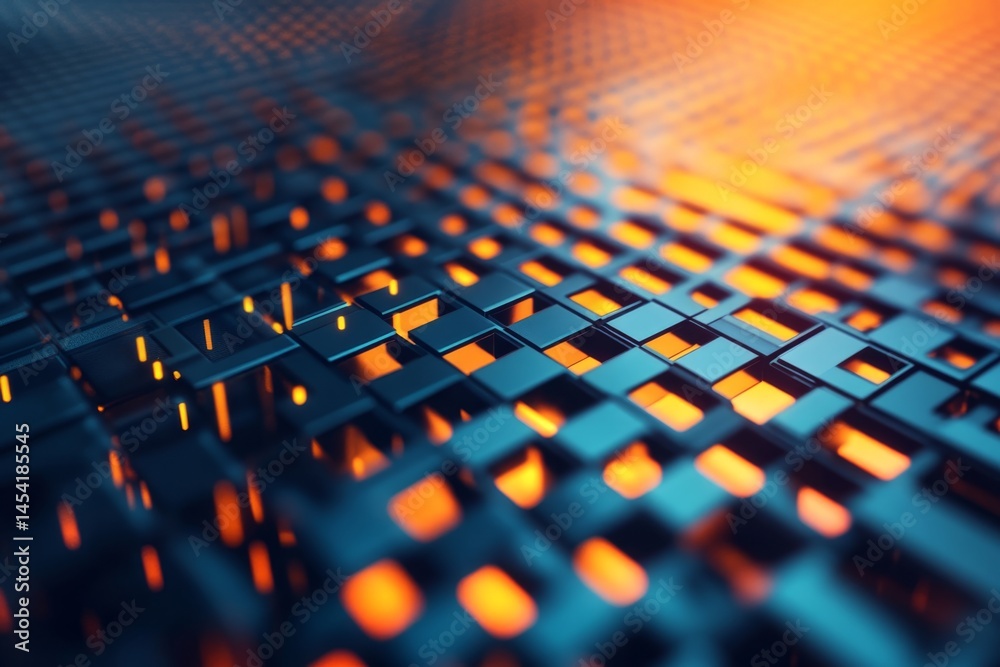 A modern and futuristic digital geometric pattern. Abstract design with glowing lights creating a texture on a dark surface. Perfect for technology, design, or abstract art.