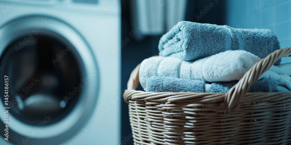 A basket of laundry next to a washing machine, ready for cleaning. The clothes are in neat piles and the detergent is also present.