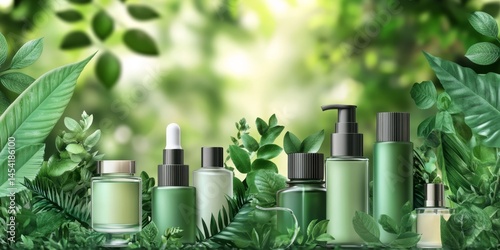 A collection of skin care products set against a backdrop of green foliage, emphasizing their natural and organic ingredients.