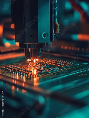 Modern semiconductor factory setting where electronic components are assembled with precision.