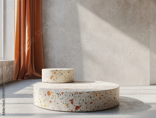 Circular ottoman with floral pattern, contemporary interior decoration, stylish seating, sunlit space, luxury furniture, trendy accessory.
