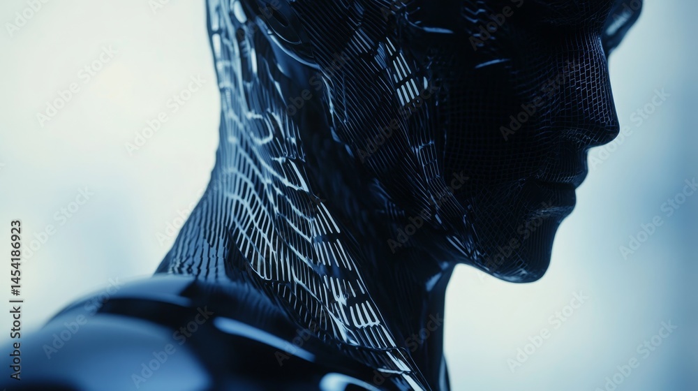 Artificial intelligence character with intricate mechanical design and futuristic look.