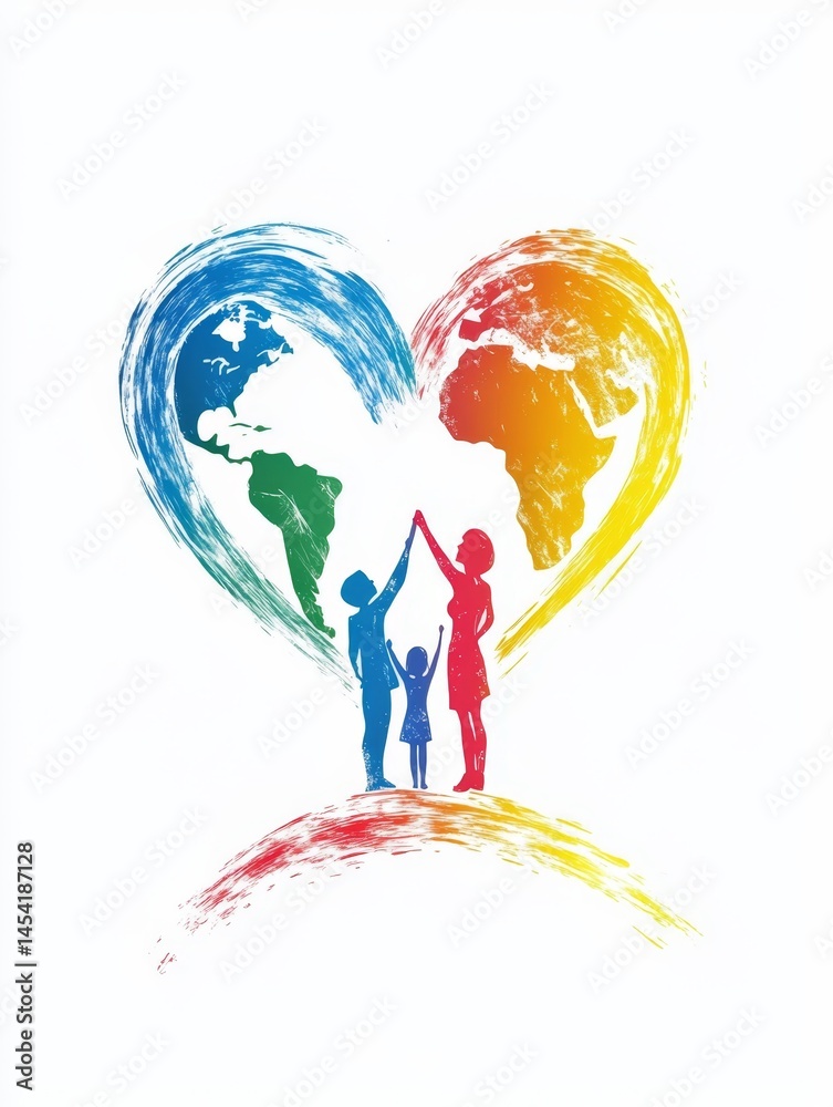 Colorful illustration of two children shaking hands over a globe, symbolizing world peace and unity.