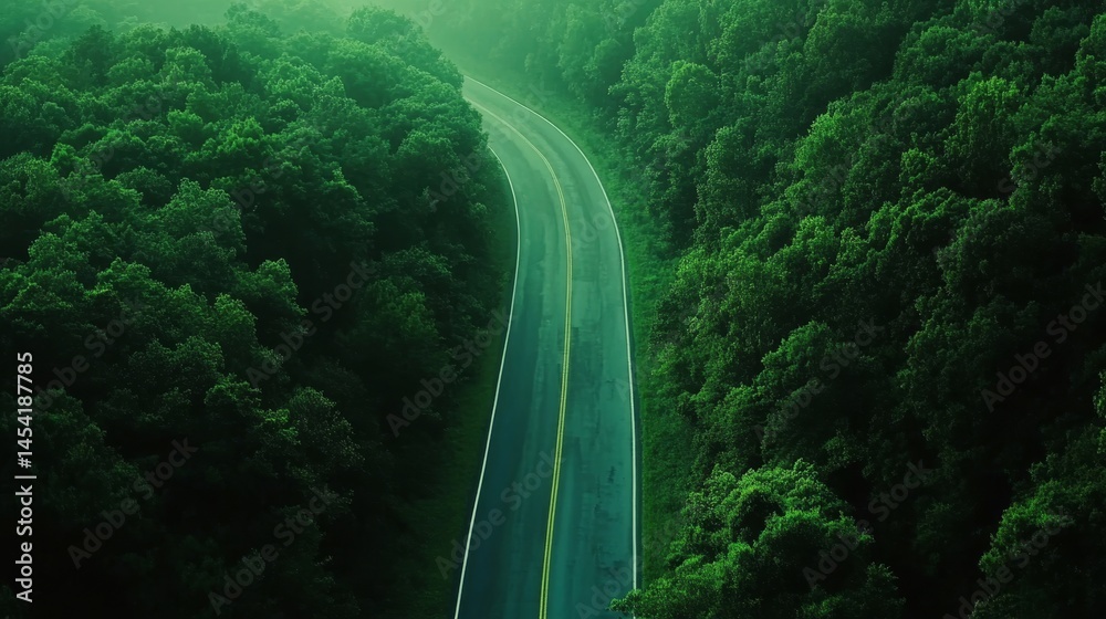 Long winding road through dense forest, shrouded in fog. Serene and mysterious.