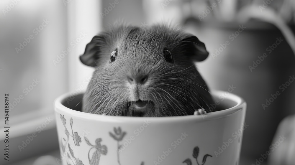Adorable guinea pig peeking out from a cup.