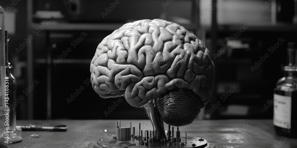 The image shows a human brain with futuristic technology and scientific devices integrated into its surface, suggesting the concept of advanced neural interfaces and cybernetic enhancements.