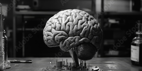 Obraz na płótnie The image shows a human brain with futuristic technology and scientific devices integrated into its surface, suggesting the concept of advanced neural interfaces and cybernetic enhancements. w salonie