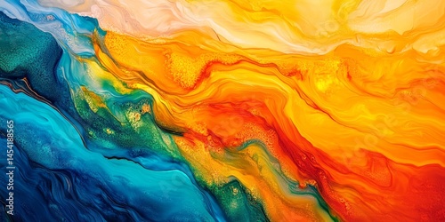 Watercolor painting of ocean waves in vivid blues, greens and yellows.