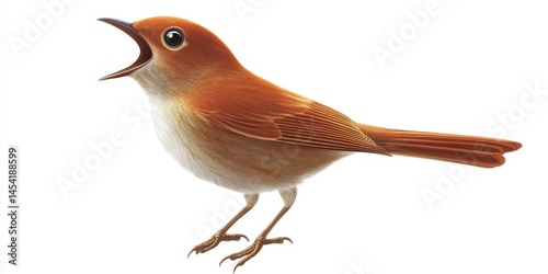 Obraz na płótnie A bird with an open beak is standing on a white background. The bird's beak is open wide, and it is making a loud noise. Concept of energy and excitement w salonie