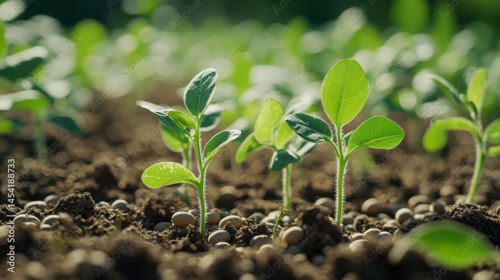 Photograph of young seedlings emerging from a well-tilled field, capturing the fresh growth and beginning stages of plant life.