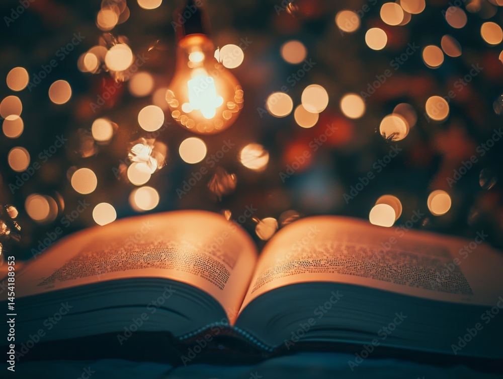 A cozy scene of an open book in front of a lit candle