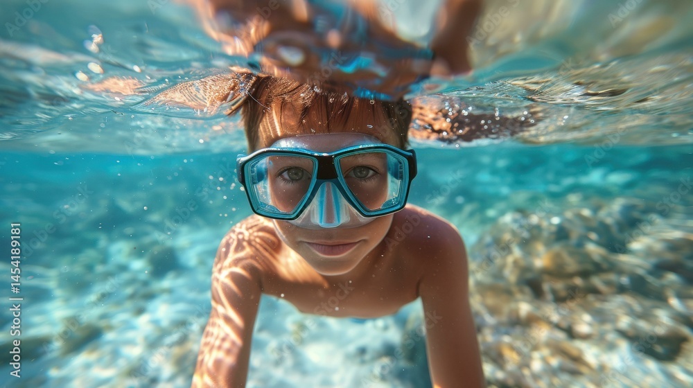 Fototapeta premium Young Boy Snorkeling in Clear Waters