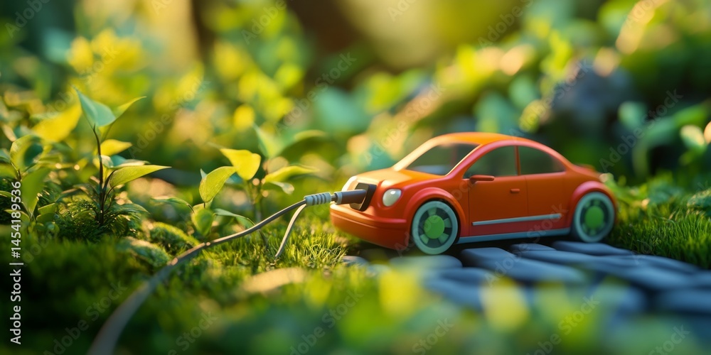 A miniature vintage red toy car on a track surrounded by green moss and plants, creating a whimsical garden scene.