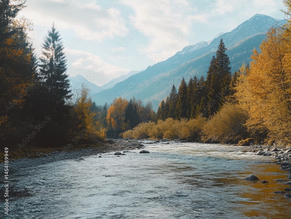 Nature scene with river, trees, and mountains in background.
