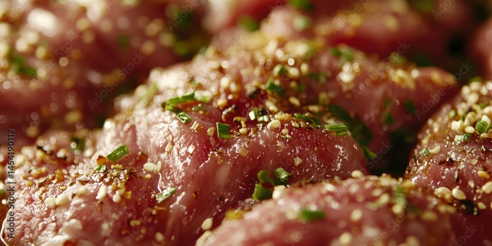 Close-up of grilled meat with pepper seasoning and chopped herbs, indicating a gourmet dish