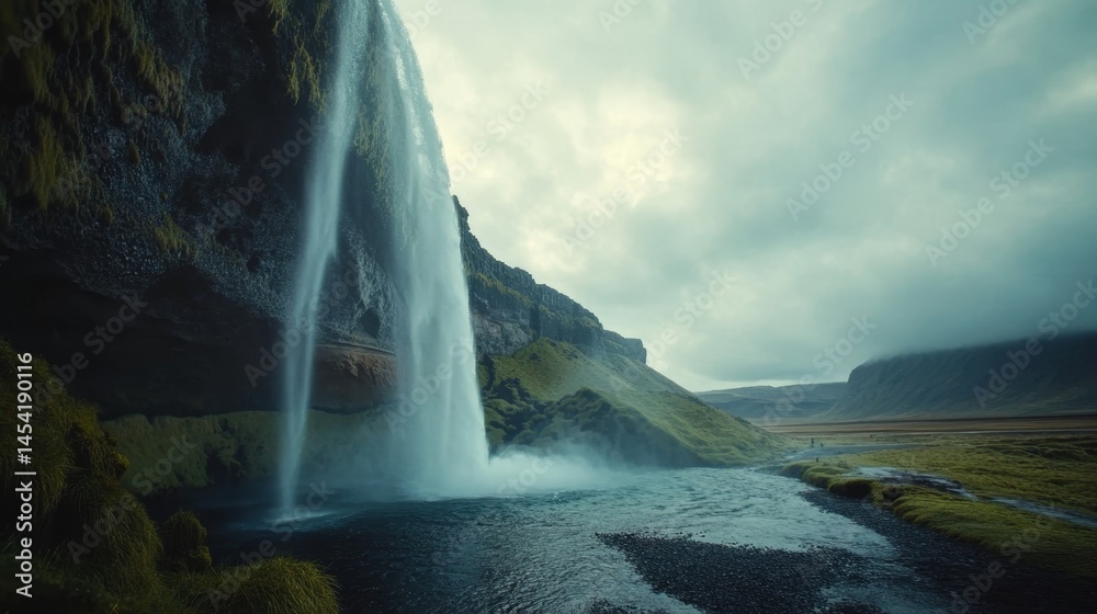 Natural scenic view of a waterfall in the wilderness with greenery and mist.