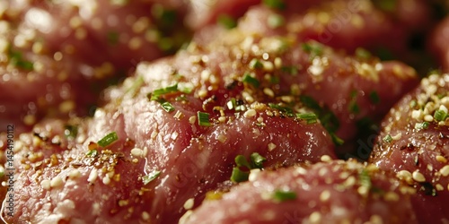 Obraz na płótnie Close-up of grilled meat with pepper seasoning and chopped herbs, indicating a gourmet dish w salonie