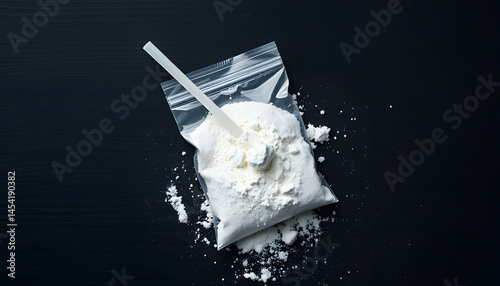 ketamine drugs and plastic straw on bag of white powder on black wood background.Drug epidemic concept isolated with white highlights, png. White tone