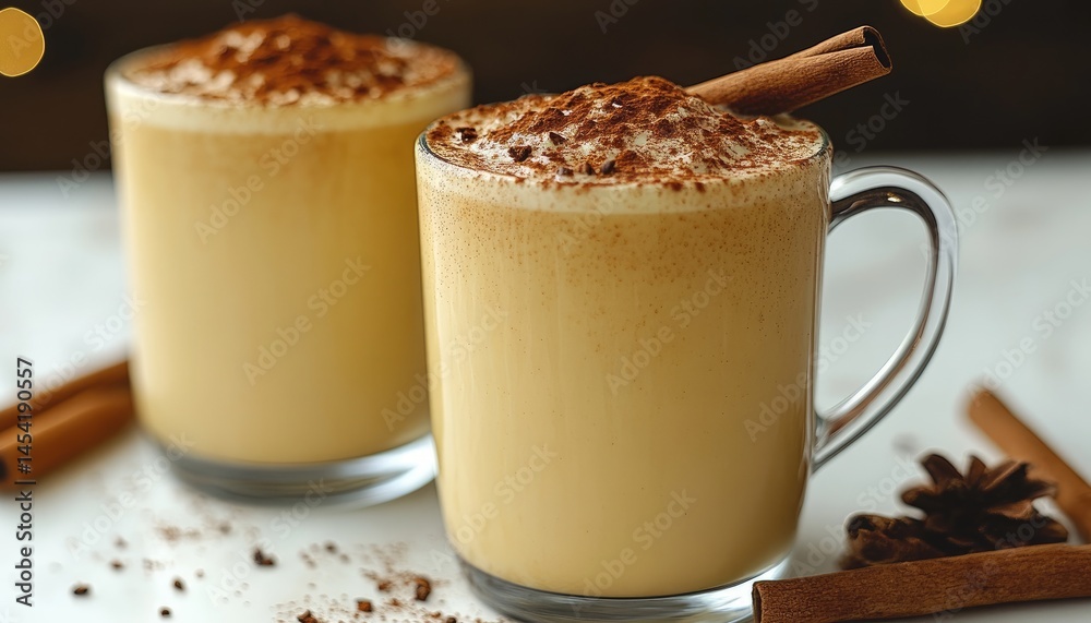 Two glasses of creamy, spiced eggnog. Cinnamon sticks, nutmeg, and a festive atmosphere Two glasses of creamy, spiced eggnog. Cinnamon sticks, nutmeg, and a festive atmosphere