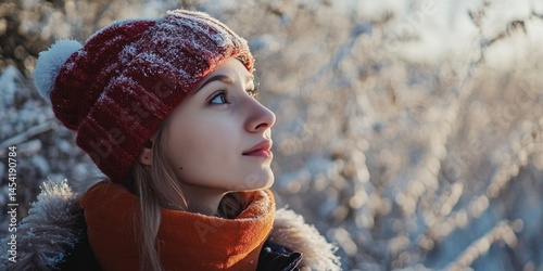 A woman wearing a red hat and scarf stands in a snowy field, looking contemplatively towards the distance. The scene is serene with freshly fallen snow covering the ground.