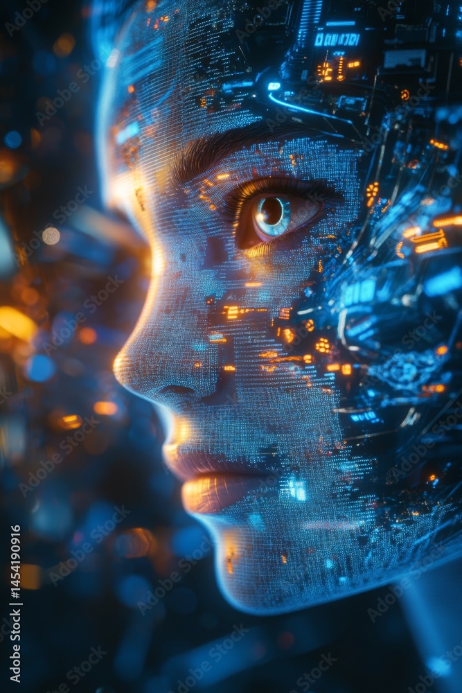 Close-up of a robot face with human features, highlighting AI integration
