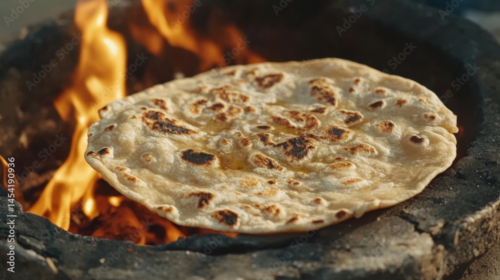 A tortilla is sitting on a fire. The tortilla is brown and has a crispy texture
