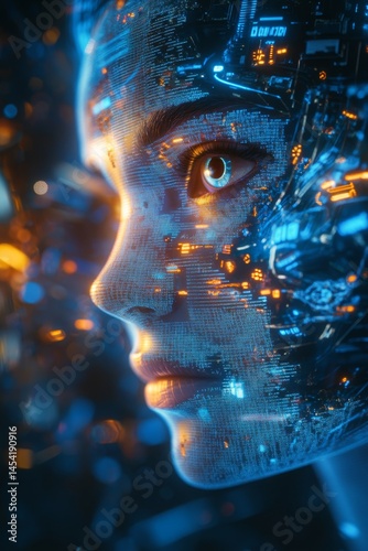 Obraz na płótnie Close-up of a robot face with human features, highlighting AI integration w salonie