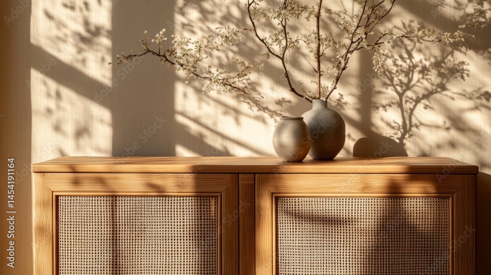 A wooden shelf with a textured pattern holds a decorative arrangement of plants. The shelf is in a sunlit room, creating interesting light reflections on the wood surface.