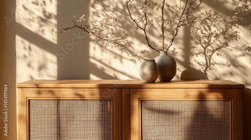 Obraz na płótnie A wooden shelf with a textured pattern holds a decorative arrangement of plants. The shelf is in a sunlit room, creating interesting light reflections on the wood surface. w salonie