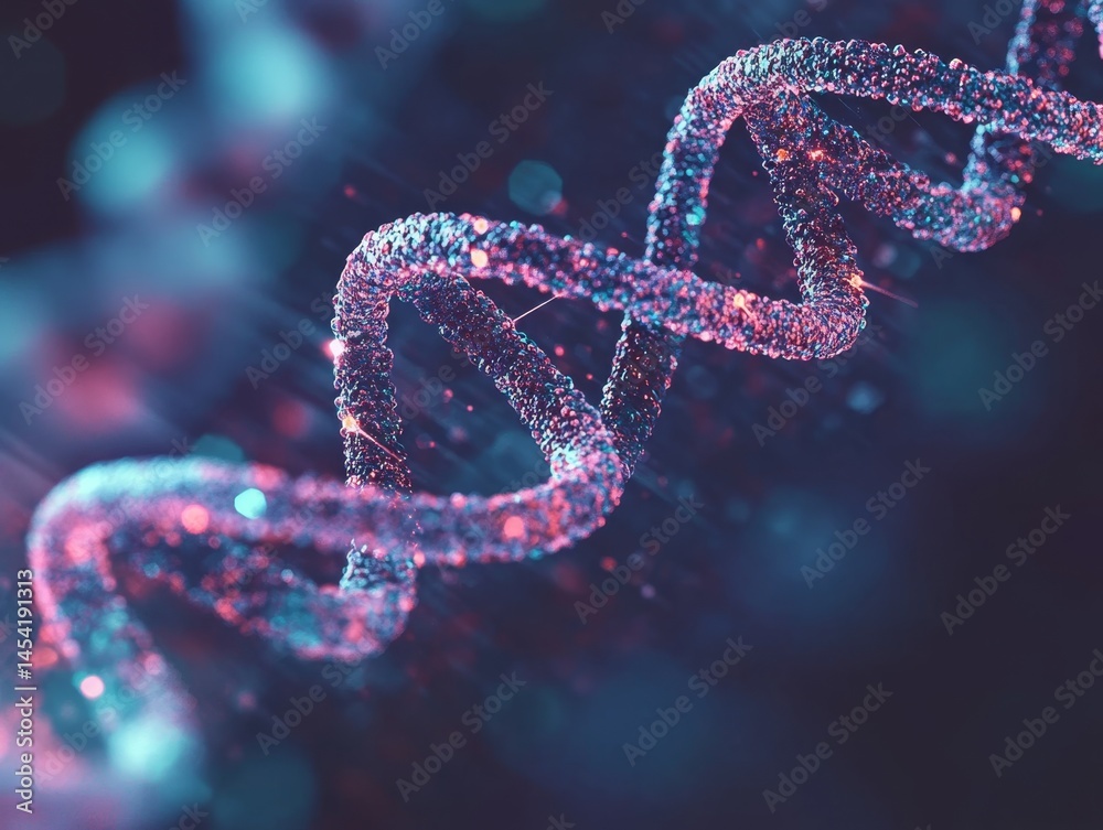A microscopic close-up of a DNA double helix amidst sparkling blue particles, possibly representing water or molecules.