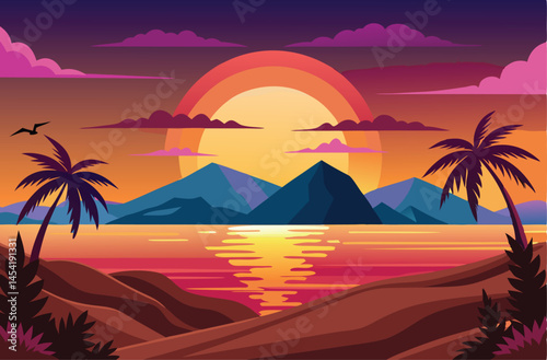 Colorful Sunset with Palm Tree Silhouettes