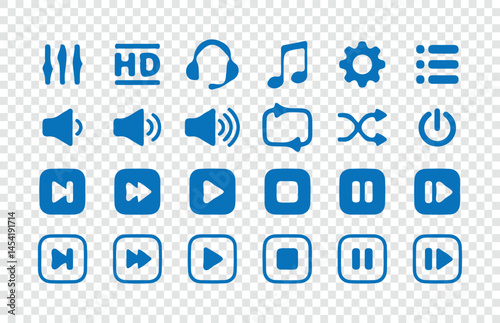 Blue Play button vector icon. Media player control icons illustration set. Collection of multimedia symbols isolated on transparent background. Eps 10