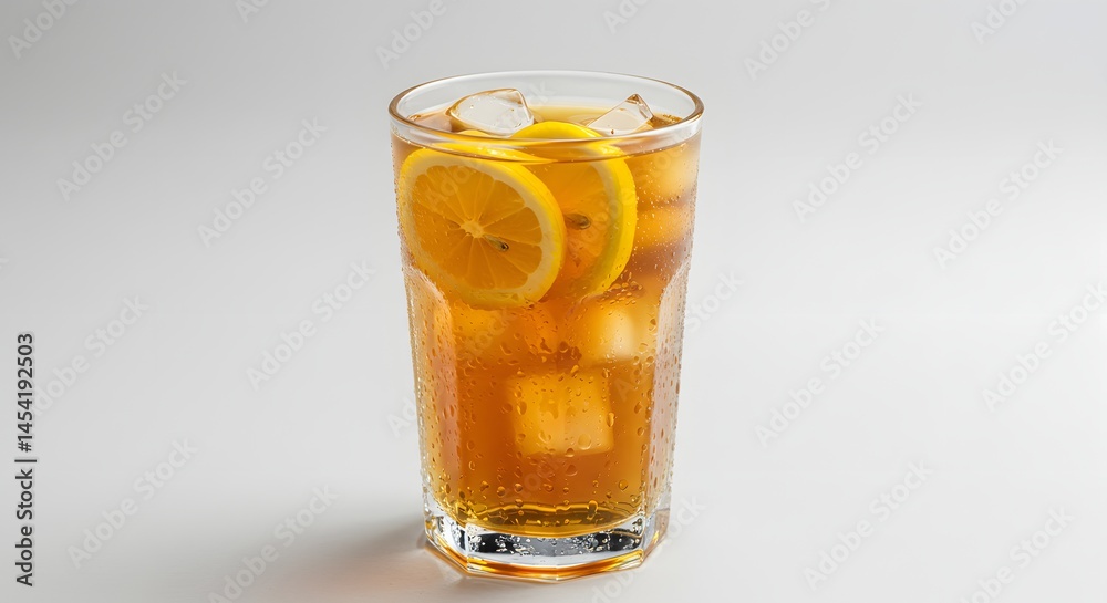 A glass of iced tea with lemon slices and ice cubes on a white surface in a studio setting simple background