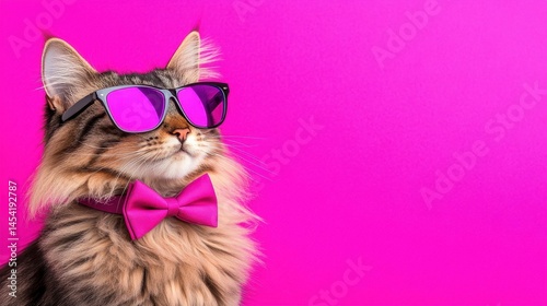 Stylish cat wearing sunglasses and bow tie against a vibrant pink background, exuding charm