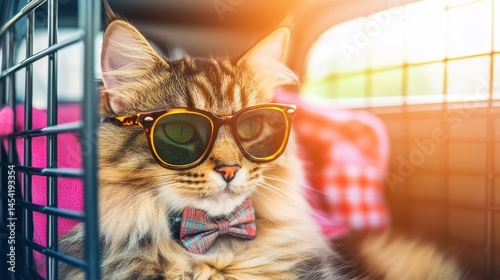 Stylish cat wearing sunglasses and a bowtie lounging in a pet carrier with colorful background