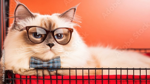 A stylish cat wearing glasses and a bow tie lounges in a cozy basket against a vibrant background
