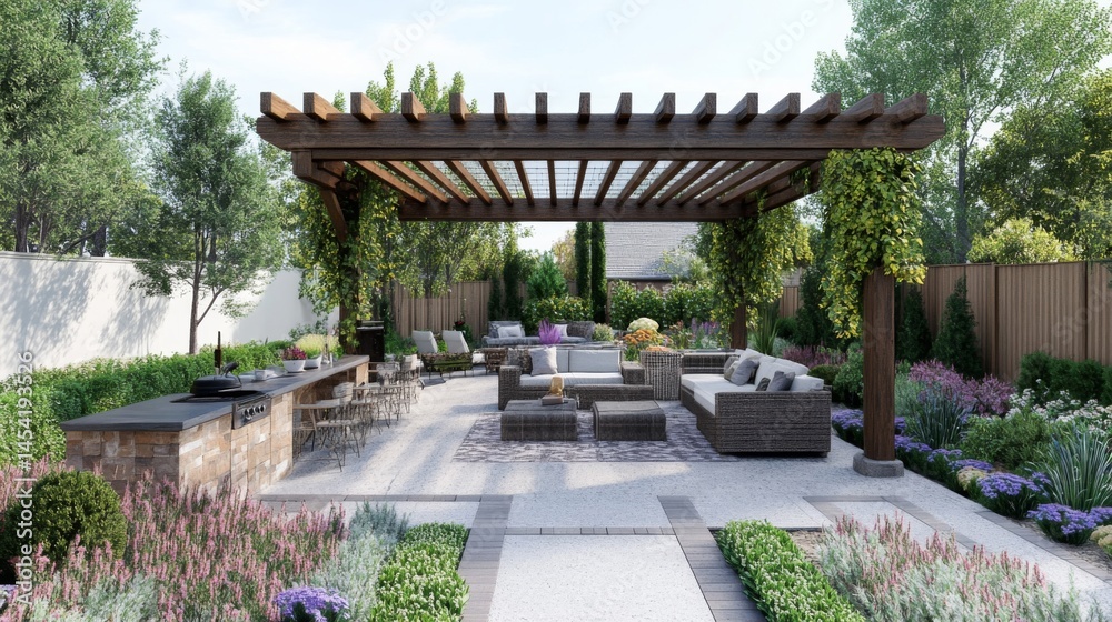 Fototapeta premium Rustic Wooden Pergola Patio Design with Wicker Furniture