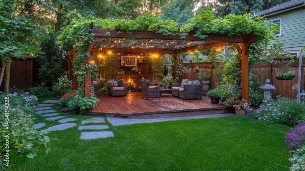 Naklejka premium Evening Garden Patio with Pergola and Lighting