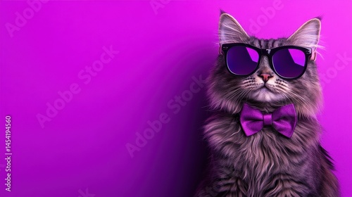 Stylish cat wearing sunglasses and a bow tie against a vibrant purple background