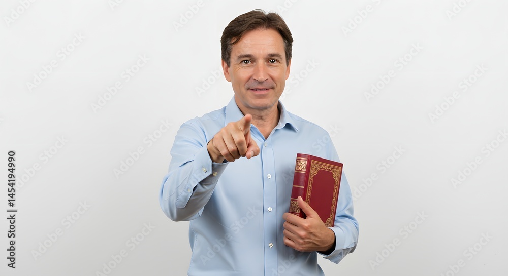 Man in blue shirt holding red book points directly at the viewer with a light gray background behind him Man in blue shirt holding red book points directly at the viewer with a light gray background behind him