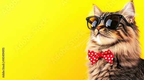 Stylish cat wearing sunglasses and a bow tie against a bright yellow background