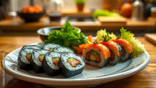 A white plate with sushi and green vegetables stands on a wooden table in the kitchen.